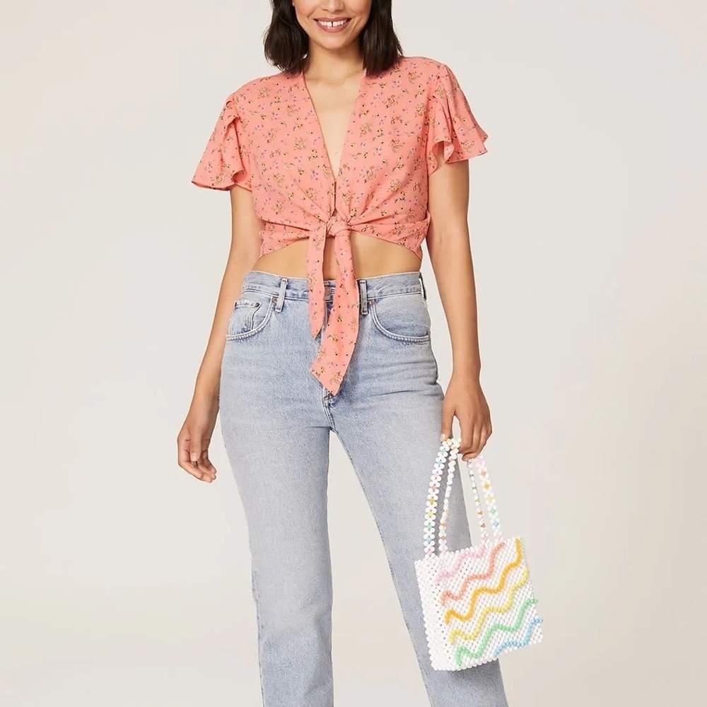 Color‎ Me Courtney Ellie Top Cropped Pink Floral Womens 4 Tie Front